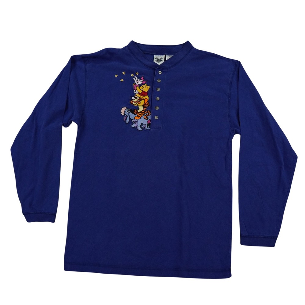 Disney Henley Shirt Mens Medium Blue Winnie The Pooh Tigger Embroidered Y2K VTG